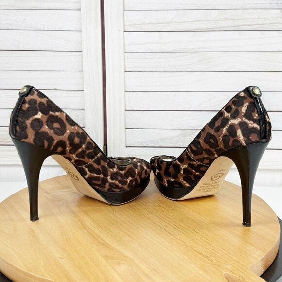 Michael Kors York Leopard Print Calf Hair Platform Peep Toe Pump Brown Black 7.5 - Picture 4 of 13